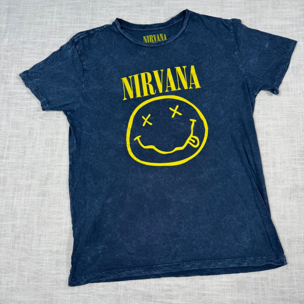 Nirvana Mens M Navy T-Shirt Smiley Face Band Tee Grunge Vintage Rock Distressed